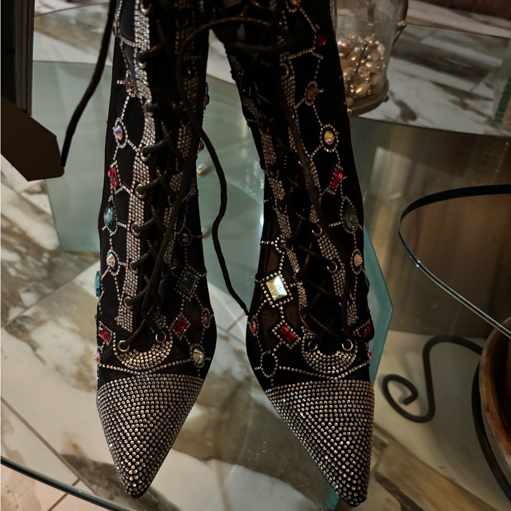 Embellished Lace-Up Heels